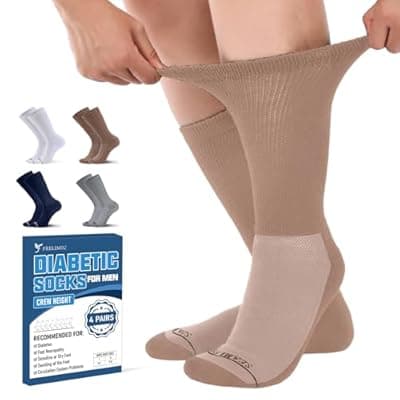 Frelimiu Diabetic Socks for Men, Seamless Crew Socks with Non Binding,Soft Cushioned Sole Sock with Loose Top, Diabetes Sock Men for Neuropathy, lymphedema, Edema, Swollen Feet, 4 Pairs,11-15(XL)