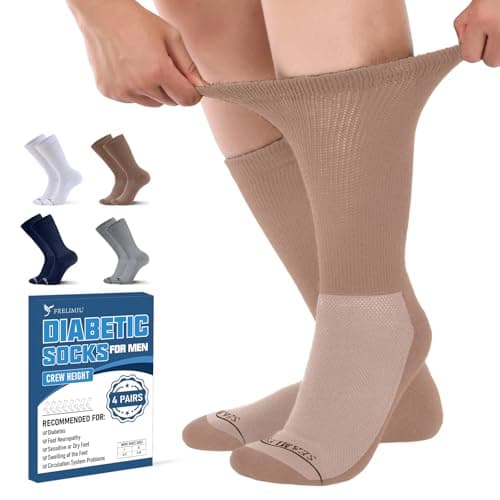 Frelimiu Diabetic Socks for Men, Seamless Crew Socks with Non Binding,Soft Cushioned Sole Sock with Loose Top, Diabetes Sock Men for Neuropathy, lymphedema, Edema, Swollen Feet, 4 Pairs,11-15(XL) — image 1