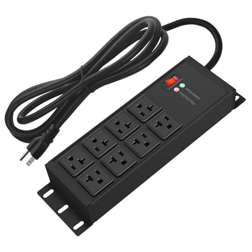 CCCEI Black Heavy Duty Power Strip Surge Protector 20 AMP, 8 Outlets 12 Gauge Industrial Shop Garage Metal Multiple Outlets, 25 FT Extension Cord 5-15P Adapter High Amp 6-20R T-Slot 20a for Appliance