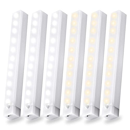 6 Pack Motion Sensor Under Cabinet Light, Magnetic Rechargeable Warm White 2 Color Under Counter Light, 8 Inch LED Closet for Stair Bedroom Cupboard — image 1