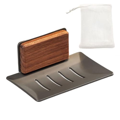 Wooden Soap Dish for Shower Wall Self Draining Square Soap Holder with Metal Drain Hanging Soap Dish for Shower — image 1