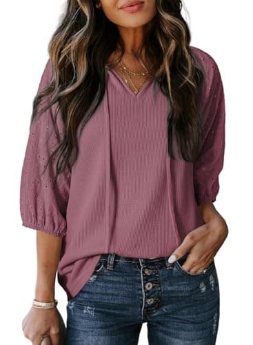 Dokotoo Women Blouses Dressy Casual Embroidered 3/4 Length Sleeve Womens Tops Tassel Tie V Neck Waffle Knit Shirts — image 1