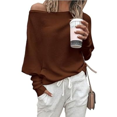 Zenlonr Off The Shoulder Sweaters for Women Fall Clothes 2026 Casual Long Batwing Sleeve Ribbed Knit Pullover Tops