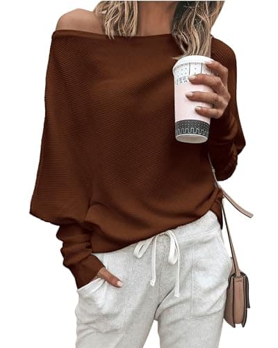 Zenlonr Off The Shoulder Sweaters for Women Fall Clothes 2026 Casual Long Batwing Sleeve Ribbed Knit Pullover Tops — image 1