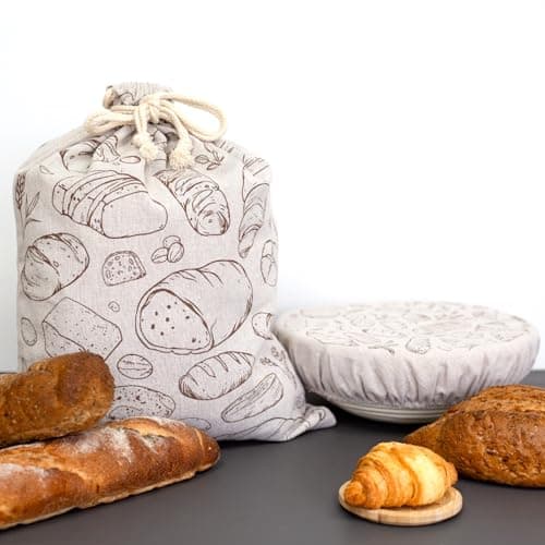 Verigud 2 Pack Large Reusable Linen Bread Bags and 10'' Bowl Covers with Plastic Liners for Bread Storage & Sourdough Proofing — image 1
