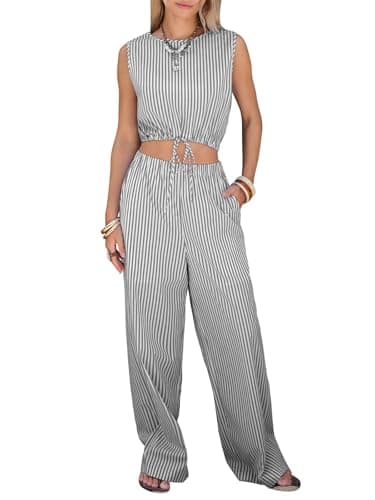 EXLURA Womens 100% Cotton 2 Piece Outfits Stripe Drawstring Crop Tank Tops Wide Leg Pant Sets Faux Linen Summer Cruise Beach — image 1