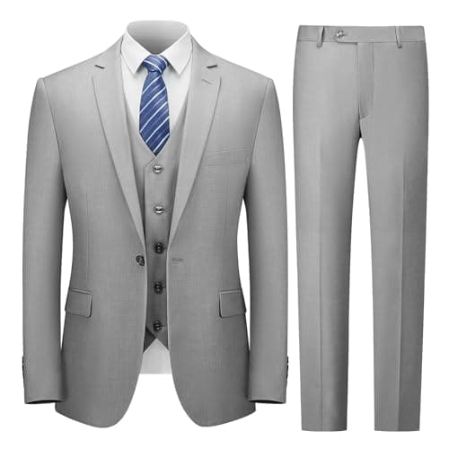 Cooper & Nelson Men's Suit Slim Fit, 3 Piece Suits for Men, One Button Jacket Vest Pants with Tie, Tuxedo Set Light Grey M