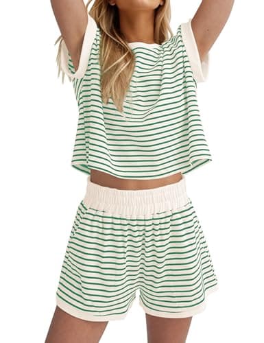 Burtell Women Summer 2 Piece Lounge Sets Striped Short Sleeve Tee Shirts Mini Shorts Loungewear Shorts Set Ribbed Pajama Set — image 1
