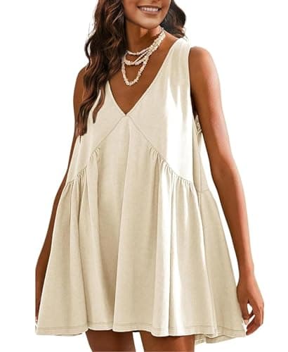 OPCAKM Women's V Neck Sleeveless Mini Dress Pleated Sundress | Soft Cotton Babydoll Summer Dresses,Flowy Swing Loose Fit for Casual Daily Wear,Party and Outdoor Activities — image 1