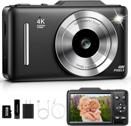 Digital Camera 4K for Kids-48MP Autofocus Vlogging Camera with 32GB Card, 16X Zoom, Anti-Shake, Compact Point and Shoot Camera for Teens Beginners, Birthday Gift Black — image 1