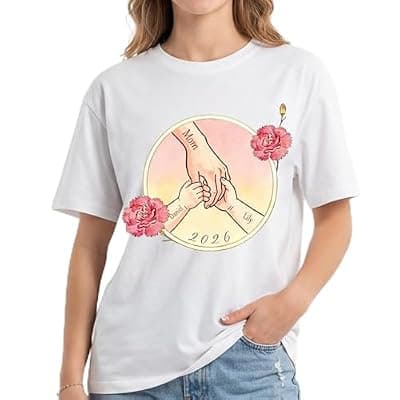 Personalized Mothers Day T-Shirt for Mom Custom Name&Birth Flower Watercolor Graphic Shirts Gift for Mama Women from Daughter