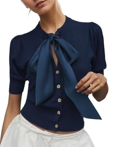 MSBESYOR Bow Tie Front Cardigan Sweater Short Puff Sleeve Button Down Trendy Summer Knit Thin Cropped Shirt Tops — image 1