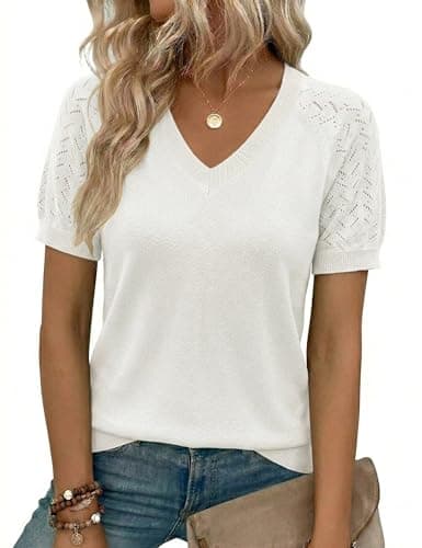 LaGracia Women's Puff Short Sleeve Sweater Spring Summer Tops V Neck Dressy Casual Tops 2026 Trendy — image 1