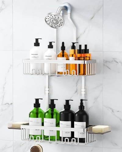 VALORDINE Shower Caddy Hanging, Shower Organizer Hanging, Aluminum Shower Racks for Inside Shower with Hooks for Razor, Never Rust Bathroom Organizers and Storage with Soap Holder, Bright Silver