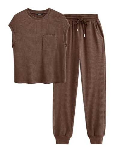 BTFBM 2 Piece Outfits for Women Ribbed Knit Lightweight Matching Lounge Sets Cap Sleeve Top and Elastic Waisted Pants(Solid Coffee,XX-Large)