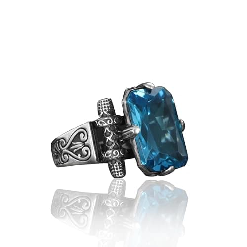 BayVog Solid 925 Sterling Silver Aquamarine Stone Men's Ring, Handmade Silver Ring for Men, Aquamarine Ring with Floral Design, March Birthstone Ring, Natural Gemstone Ring (8)