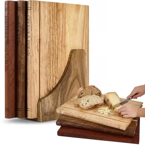 NEDVI Book-Shaped Cutting Board Set with Wooden Stand – Wooden Chopping Boards for Kitchen, Ideal for Vegetables, Cheese, & Meat – Unique Gift Set for Home Cooks & Kitchen Decor