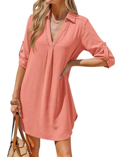 Halife Womens Swimsuit Coverup Shirt V Neck Eyelet Bathing Suit Cover Up Summer Beach Cover Ups Dress — image 1