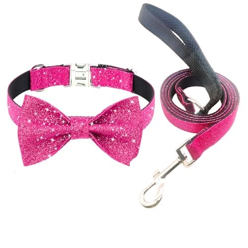 Jumpress Bling Bow Tie Dog Collar and Leash Set, Cute Pink Girl Dog Collar with 5ft Leash for Small Medium Dogs Daily Walking or Holiday Party (Hot Pink, Neck fit 11-16’’) — image 1
