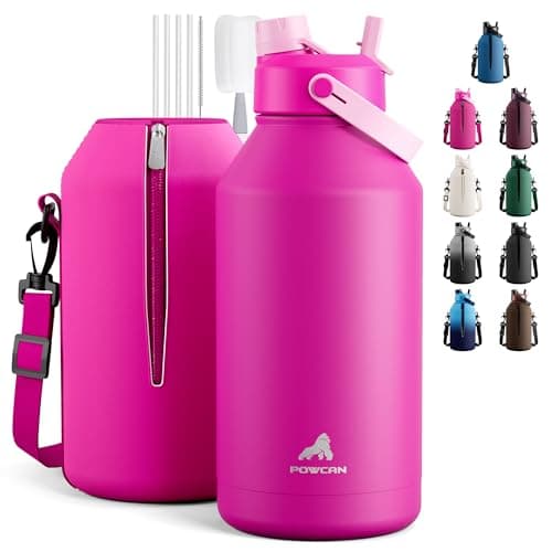 POWCAN 64 oz Insulated Metal Water Bottle for Women: 2-in-1 Straw & Spout Lid, Keep Cold 48H, Leakproof, Carrier Bag, Half Gallon Stainless Steel Water Bottle for Sports, Travel, and Fitness (Peony) — image 1