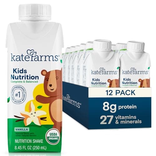 KATE FARMS Organic Kids Nutrition Vanilla Shake, 8g Protein, 27 Vitamins and Minerals, Meal Replacement, Gluten Free, Non-GMO, 8.45 oz (12 Pack)