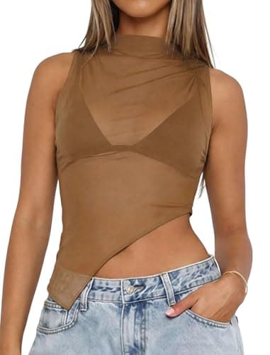 Matunana Womens Sheer Mesh Tank Tops Going Out Mock Neck Sleeveless Asymmetrical See Through Lace Shirt Summer 2026 — image 1