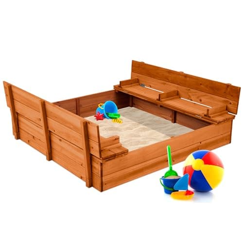 Best Choice Products Large Outdoor Wooden Sand Box for Kids, Sandbox with Cover, Bench Seats Support up to 220 lbs, Bottom Liner for Drainage, Cedar Wood - Brown