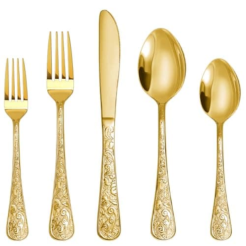 Runfly Vintage Carved Gold Stainless Steel 20 Pieces Flatware Set, Golden Silverware Set, Modern Embossed Cutlery Set Utensils Including Fork Spoon and Knife — image 1