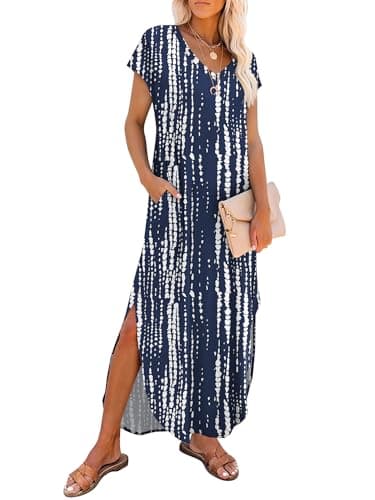 RUMIA Summer Casual Maxi Dresses for Women- Women's V Neck Cap Sleeve Long Sundress with Pockets Beach Vacation — image 1