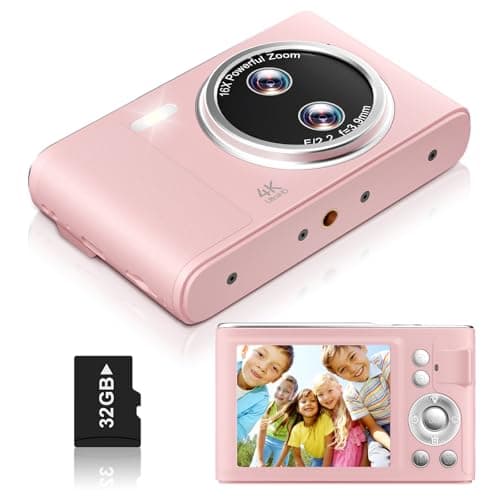 Digital Camera, 48MP FHD 1080P Point and Shoot Camera with 16x Zoom, Anti Shake Compact Portable Camera for Photography with 32GB Card, Autofocus Camara for Kids, Beginners, Teens, Pink