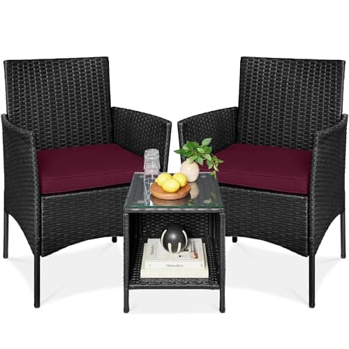 Best Choice Products 3-Piece Outdoor Wicker Conversation Bistro Set, Space Saving Patio Furniture for Garden w/Side Table - Black/Deep Burgundy — image 1