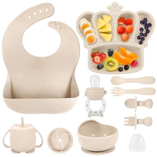 Silicone Baby Feeding Set 10 Pcs Baby Led Weaning Supplies Suction Bowl Divided Plate Baby Bibs Fruit Feeder Baby Spoons Forks Sippy Cup Toddler Utensil Sets Baby Essentials for Newborn Gift — image 1
