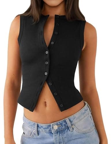 Relety Womens Crop Tank Tops Going Out Button Down Vest Seamless Ribbed Trendy Shirts Cute Sleeveless Summer Spring Y2K Cami — image 1