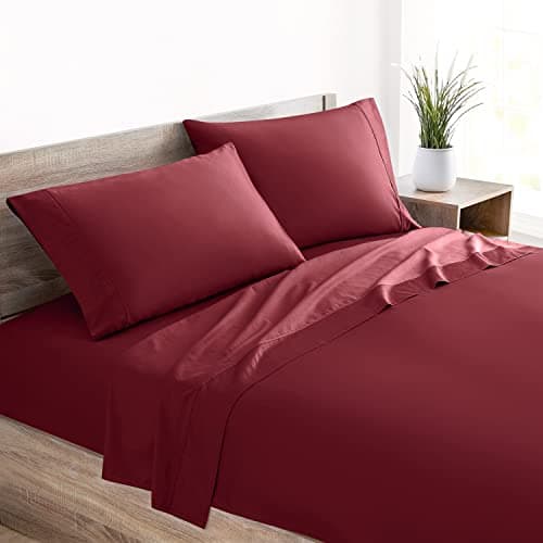 Mellanni 400 Thread Count Cotton Sateen Bedding Set - 4 Piece Bed Sheets Set - Fits Mattresses up to 16" Deep - Cooling Sheet for Hot Sleepers (King, Burgundy) — image 1