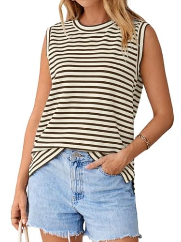 Glamaker Summer Tank Tops for Women Striped High Neck Sleeveless Basic Tee Shirts Casual Loose Fit 2026 Fahion Clothes — image 1