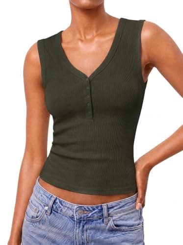 Women's Ribbed Henley Tank Top V Neck Button Wide Strap Fitted Cotton Tops — image 1