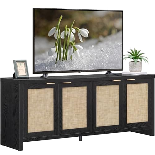SICOTAS TV Stand for Living Room Boho Entertainment Center for Bedroom with 4 Rattan Cabinets Farmhouse Television Stands with Storage Large Media Console Table for TVs up to 65 Inch — image 1