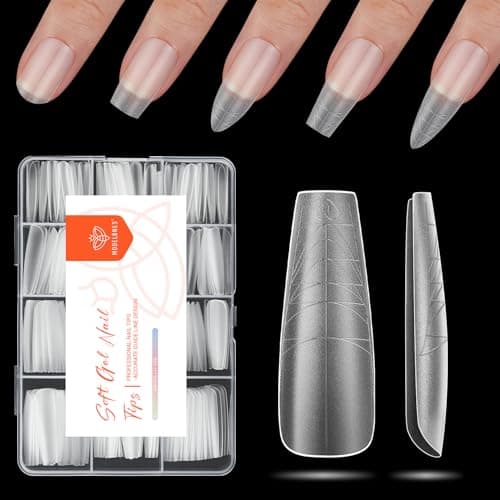 modelones Long Coffin Guiding Line Nail Tips, Soft Gel Tips Fake Nails False Acrylic Extensions Seamless Accurate Positioning Scale Line, Full Matte Professional Nail Salon 216PCS 12Sizes — image 1