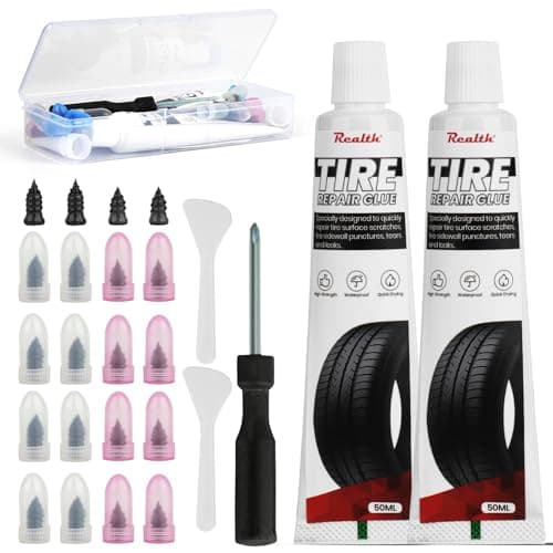 Tire Repair Kit, Tire Repair Glue 100ml, Tire Repair Rubber Nail 20 Pcs, Screw in Tire Plugs Kit, Fast Self-Service Tire Repair Screws Kit for Car, Motorcycle, Bike, Truck, Tractor, Garage