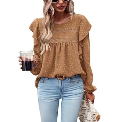 PRETTYGARDEN Women's Long Sleeve Shirts Ruffle Swiss Dot Crochet Loose Fit Tunic Dressy Casual Tops Blouses Spring Fashion