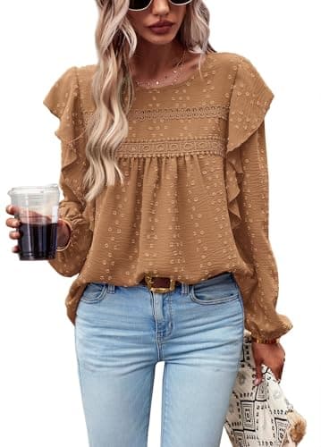 PRETTYGARDEN Women's Long Sleeve Shirts Ruffle Swiss Dot Crochet Loose Fit Tunic Dressy Casual Tops Blouses Spring Fashion — image 1