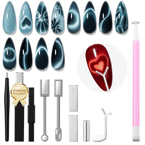 modelones Cat Eye Magnet Set, Heart Nail Art Tool Strong Magnetic Pen Double Head Round Magnets Stick Wand Diverse French Moon Floral Circle Cateye Effect DIY Professional Manicure Gift for Women — image 1