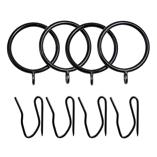 Curtain Rings with Eyelets, Metal Curtain Hooks for Drapes, Drape Ring 1.5 in Inner Diameter Fits Up to 1 1/4 inch Curtain Rod, 1.2 in Drapery Pins (22 Pcs Black Curtain Rings and 30 Pcs Black Hooks) — image 1