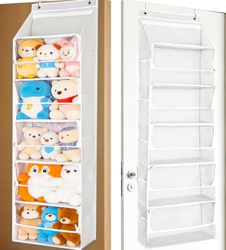 Over Door Stuffed Animal Storage, Zipper Closure Hanging Toy Organizer, Nylon Behind Door Organization, Clear Window Bathroom/Bedroom/Closet Holder Bag for Nursery Dorm Room Plush, 1Pack, 5 Tier,Beige — image 1