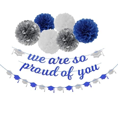 Navy-Blue White-Silver Party-Decoration Graduation Banner - 8pcs Kits Cap Garland Streamers, Paper Tissue Pom Poms Flowers,We are So Proud of You Congratulations Grad 2026 Decor Lasting Surprise — image 1