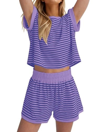 Burtell Women Summer 2 Piece Lounge Sets Striped Short Sleeve Tee Shirts Mini Shorts Loungewear Shorts Set Ribbed Pajama Set — image 1