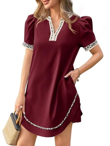 Wenrine Womens Puff Short Sleeve Mini Dress Casual V Neck Color Block Leopard Loose Beach Summer Dresses with Pockets — image 1