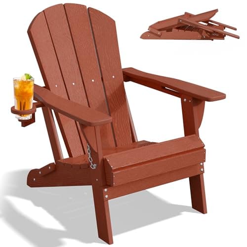 PLUUV Folding Adirondack Chair, Hdpe All-Weather Patio Chairs with Cup Holder, Wooden Textured Fire Pit Chairs, Outdoor Chair for Poolside, Backyard, Deck(Reddish)