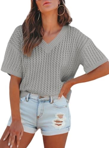 Dokotoo Womens Casual Summer Tops V Neck Short Sleeve Shirts Solid Hollow Out Lightweight Loose Fit Sweater Blouses — image 1