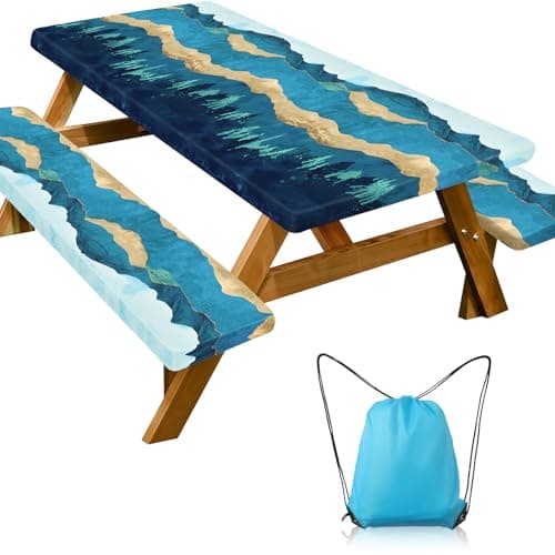 Picnic Table Cover with Bench Covers - Camping Essentials Camping Table Cover with Elastic Edges & Drawstring Bag, Fitted Rectangle Tables and Seats for 6-Foot Outdoor, 30x72 Inches, Blue Green